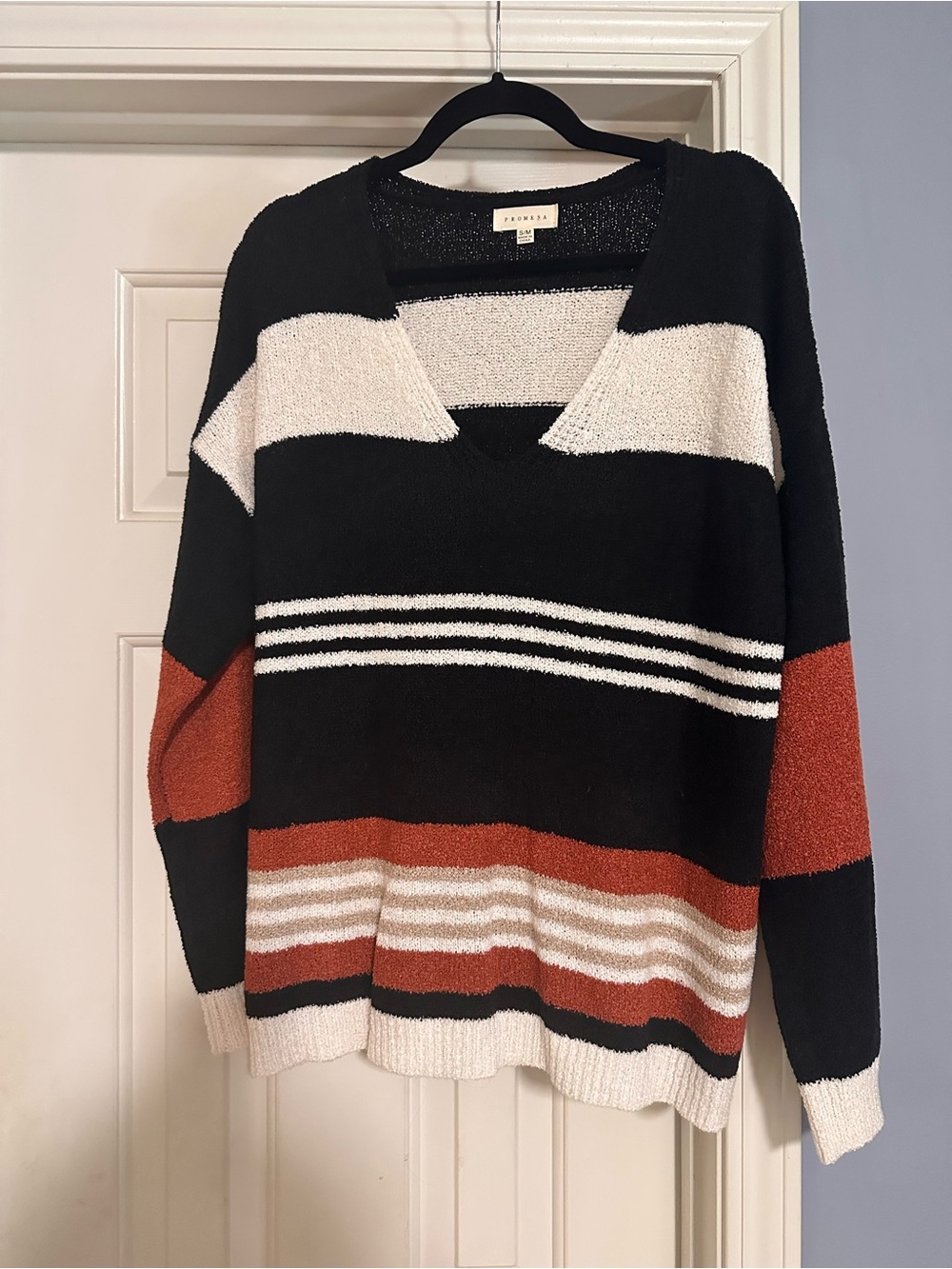 Promesa Striped V-Neck Sweater - Black, Cream & Rust